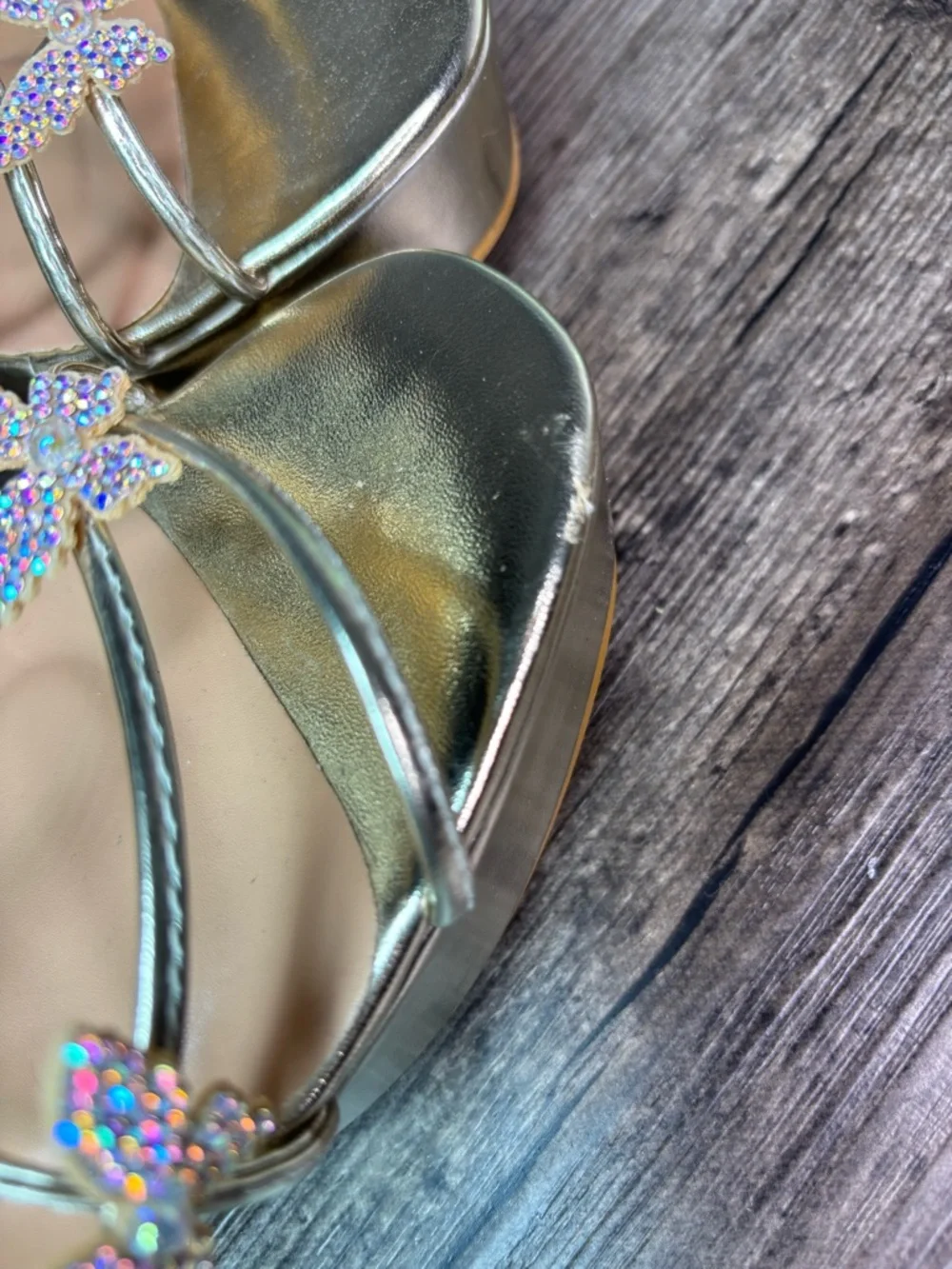 Iridescent Butterfly Gold Platform Lace-Up Heels Sz 6.5 Chunky Heel TOP Moda
